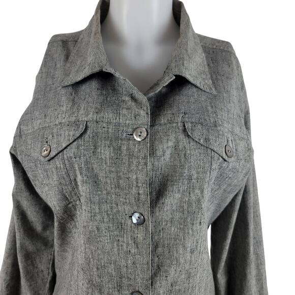 Chico's Design Linen Blend Heathered Grey Abalone Shell Buttons Shacket 3/L - Picture 2 of 6